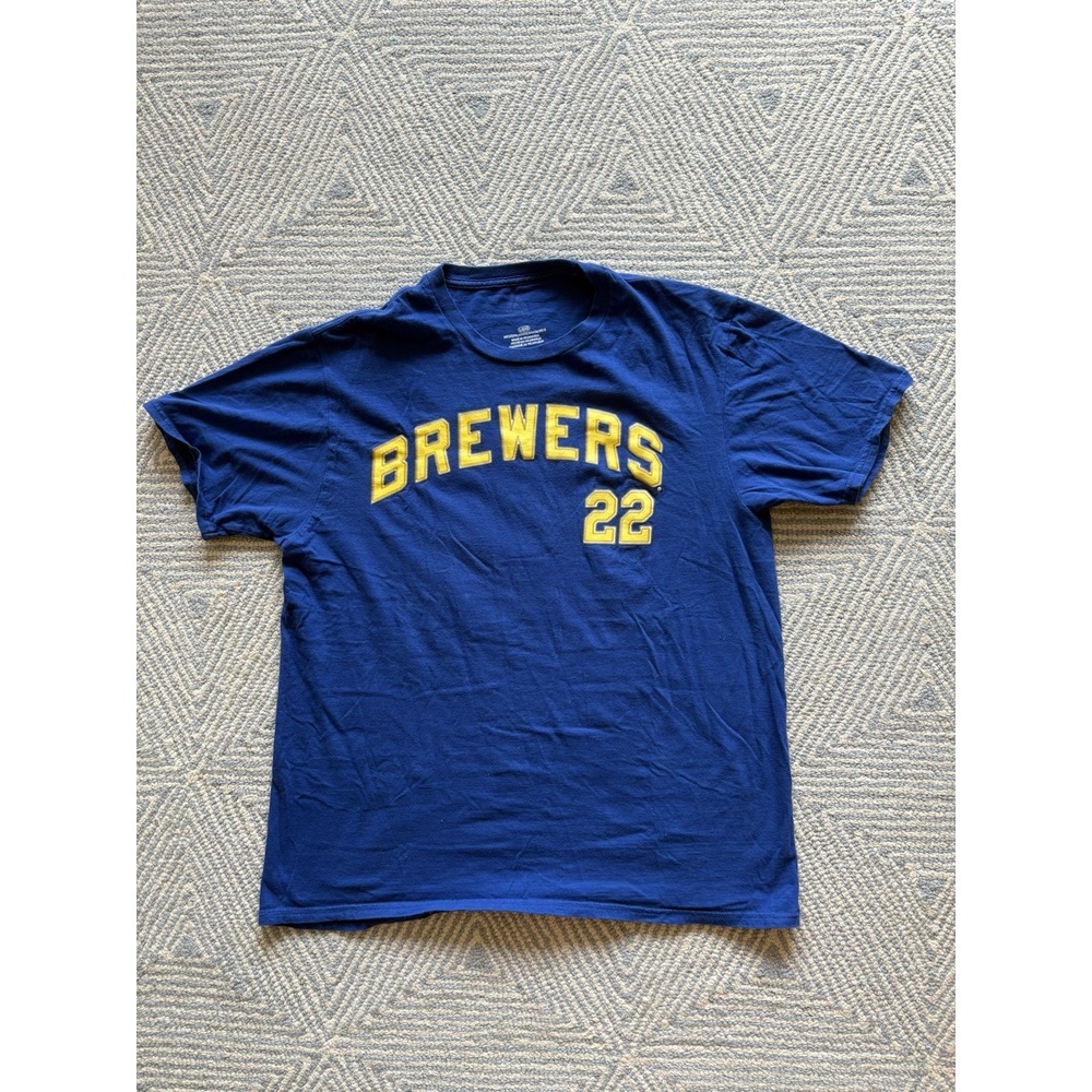 Majestic Milwaukee Brewers Christian Yelich Jersey T-Shirt - Blue/Yellow - Large